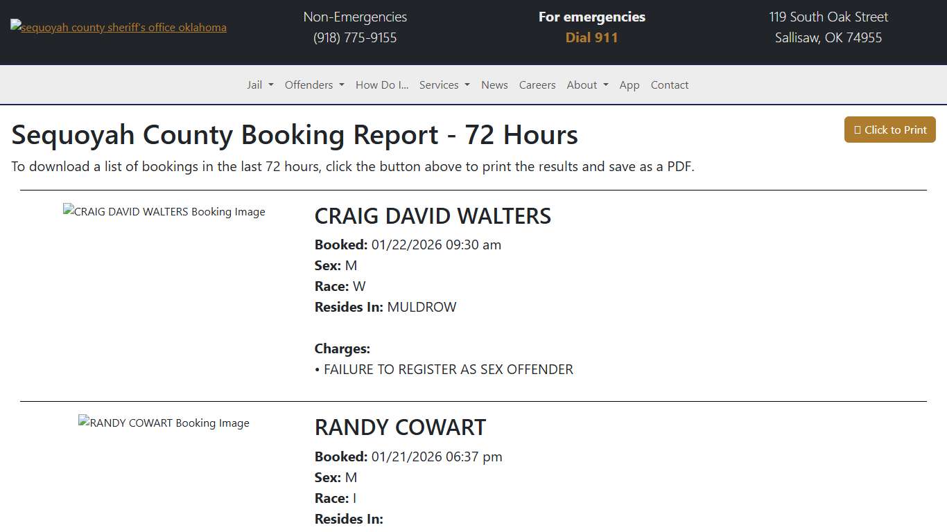 72 Hour Booking Report Sequoyah County Sheriff's Office